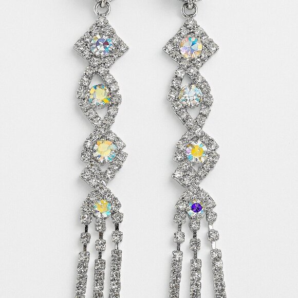 Dazzling AB Rhinestone  Post Drop Earrings – 3 Inch Length - Picture 3 of 4